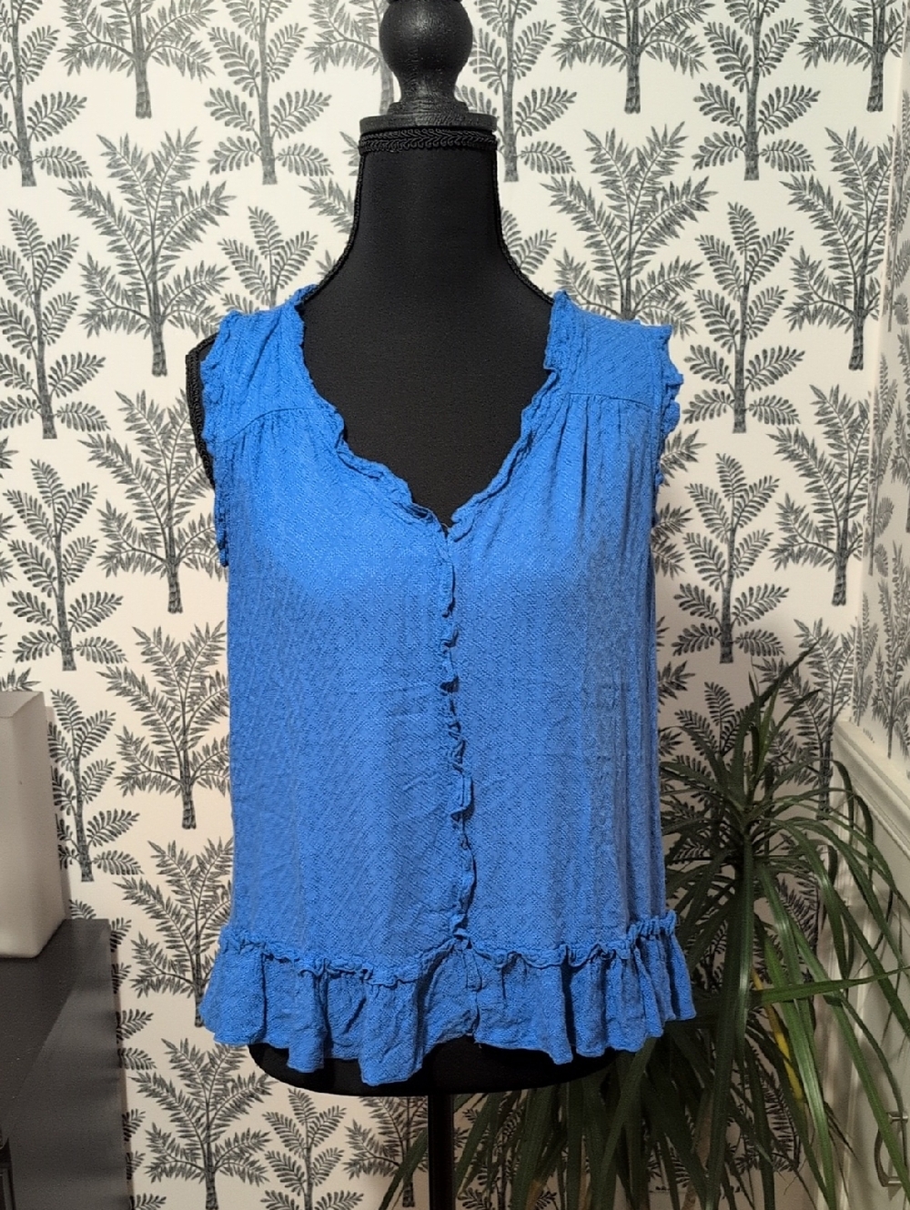 Melissa Paige Ruffled Blue Sleeveless Tank Top